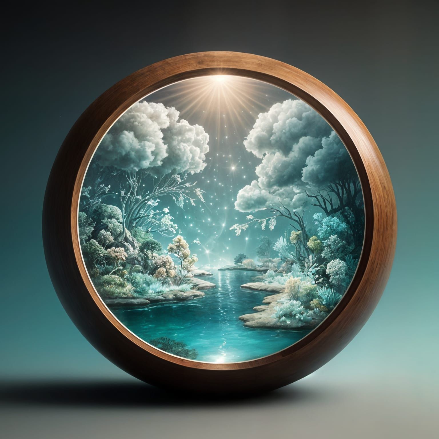 A wooden mirror with natural scenary