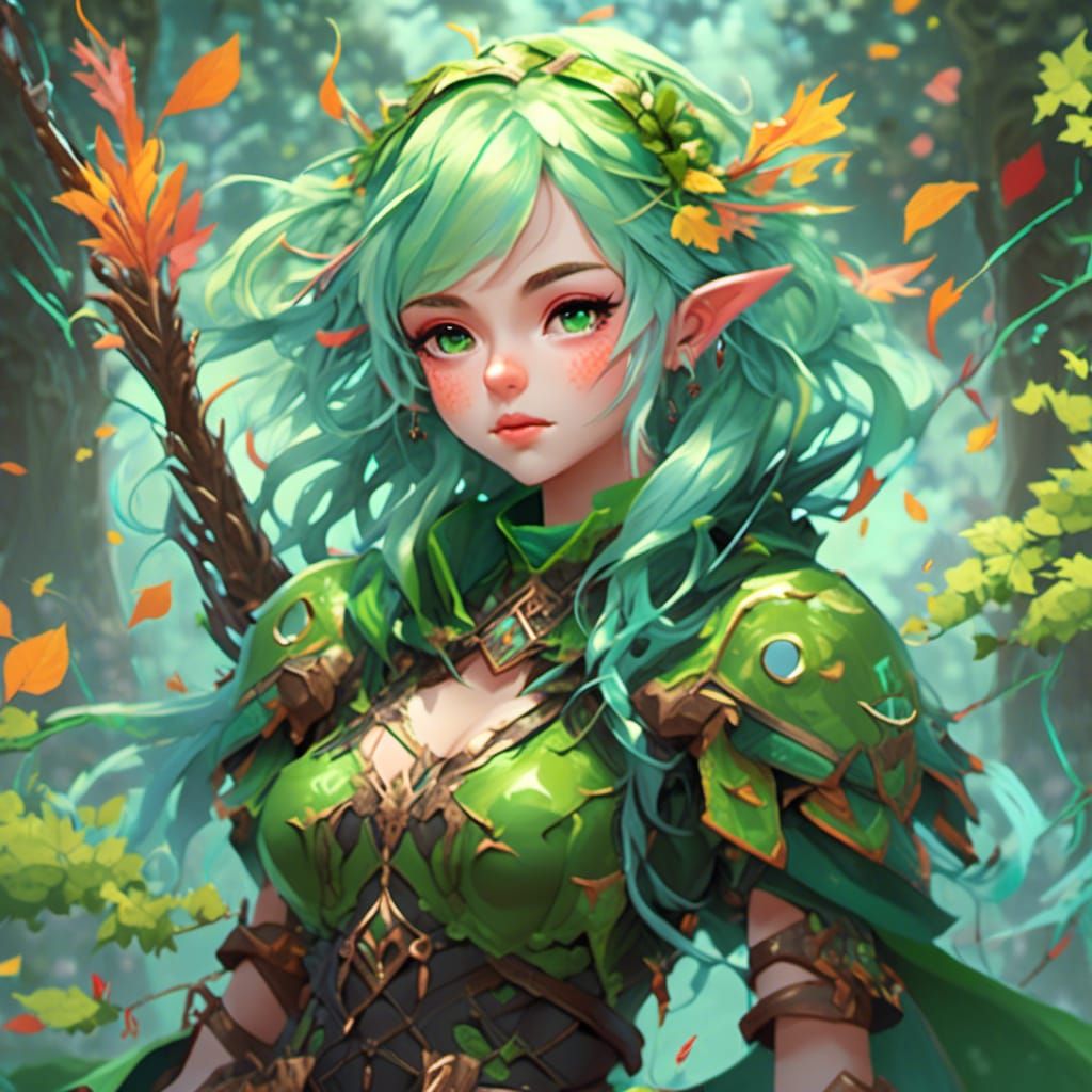Young Elf Archer Druid in Autumn Armor with Vibrant Graffiti...