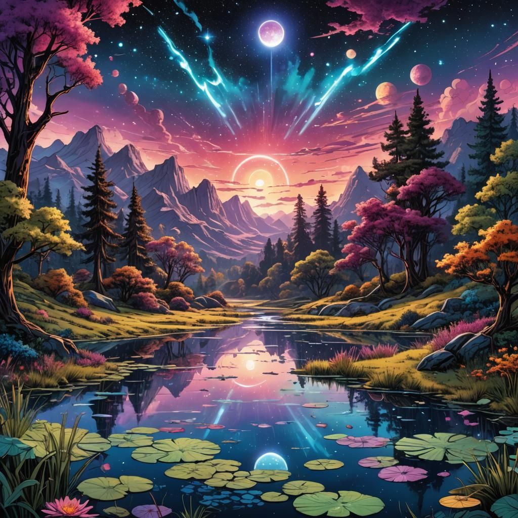 Surreal Cosmic Landscape with Serene Pond