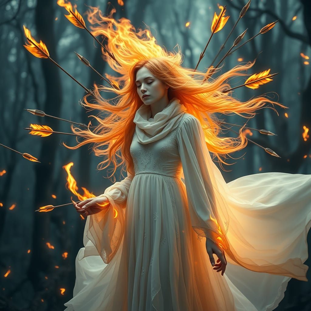 Ethereal Woman in Burning Forest with Flaming Arrows