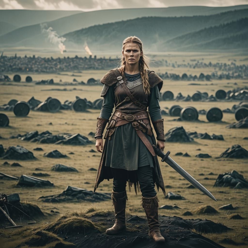 Viking Woman Warrior on a Cinematic Battlefield