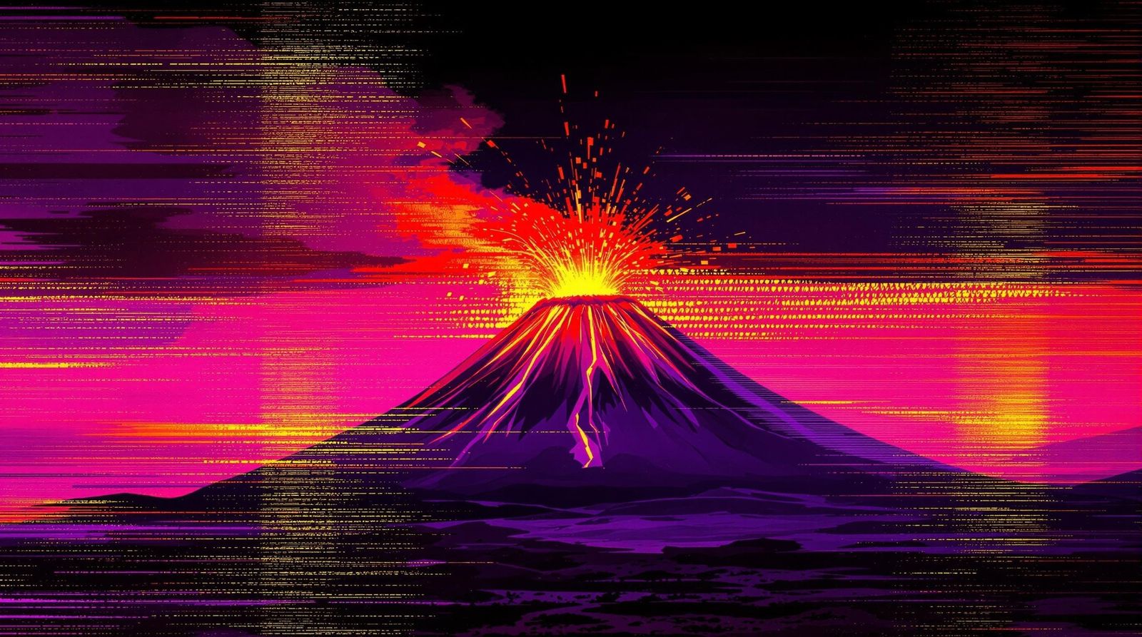 Vibrant Glitch Art of a Volcano in Eruption