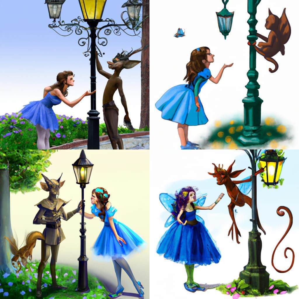 Whimsical Faun Greets a Young Girl in a Cozy Street Scene