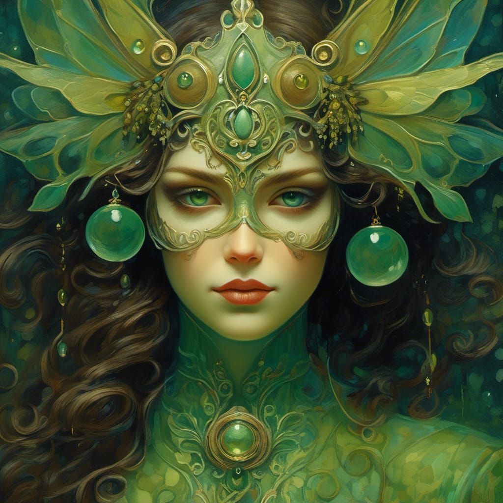 Enchanted Green-Eyed Fairy in Art Nouveau Style