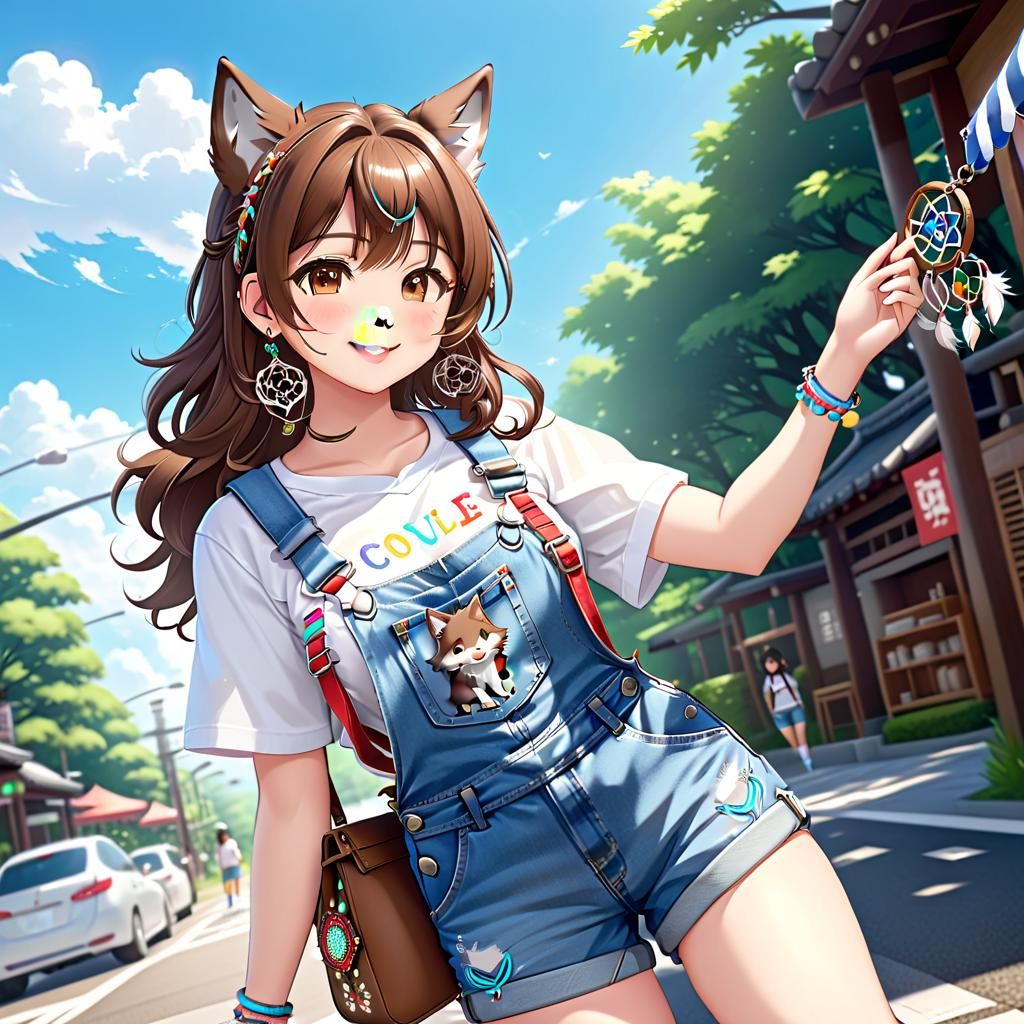 Cute Anime Chibi Wolf Girl in Bright Spring Outfit