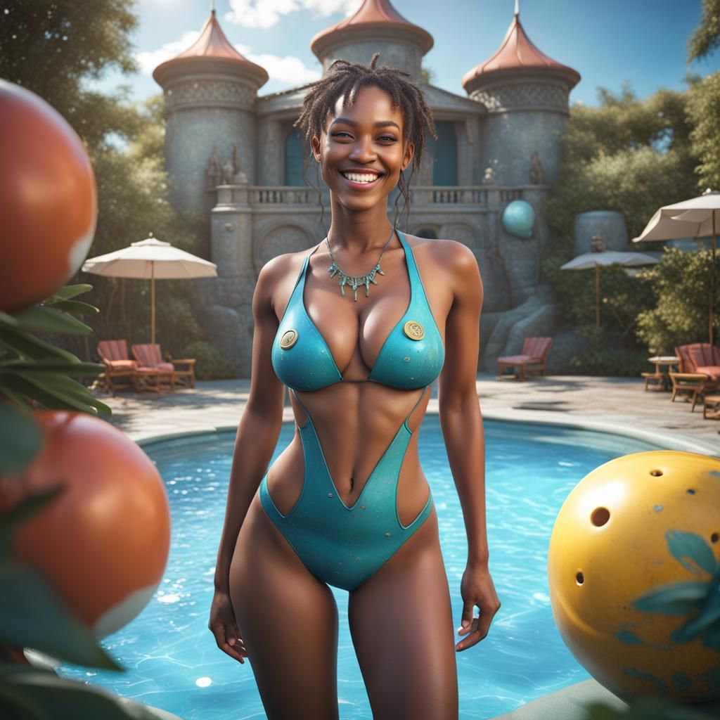 Surreal Woman in a 2-piece Swimsuit Splashes in a Vibrant Po...