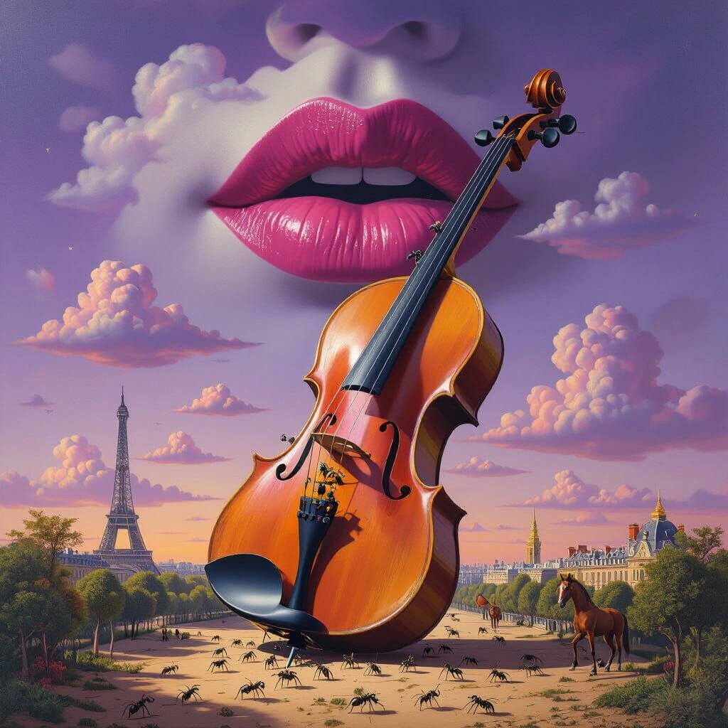 Surreal Eiffel Tower Violin with Ants and Floating Lips