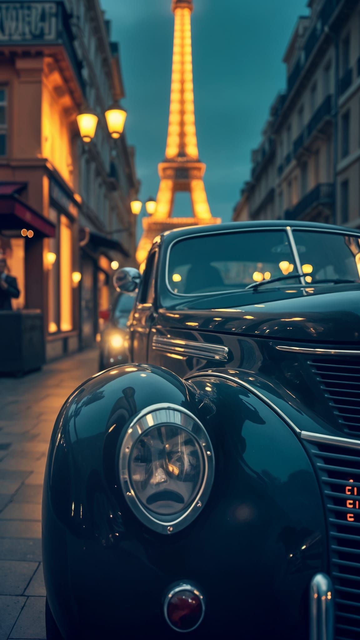 Vintage Sports Car Radiates Nighttime Glamour in the City of...
