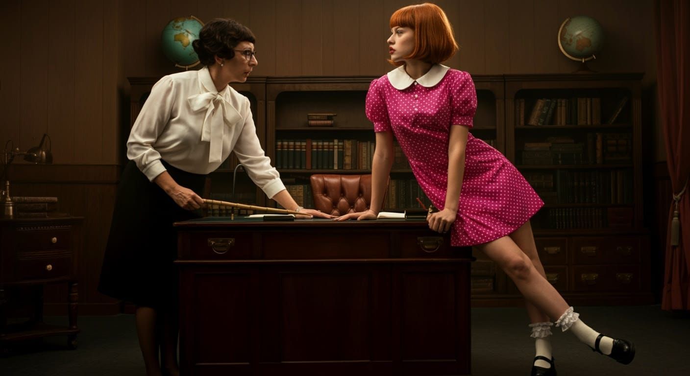 Elegant Schoolgirl Confronted by Authority Figure in Retro S...
