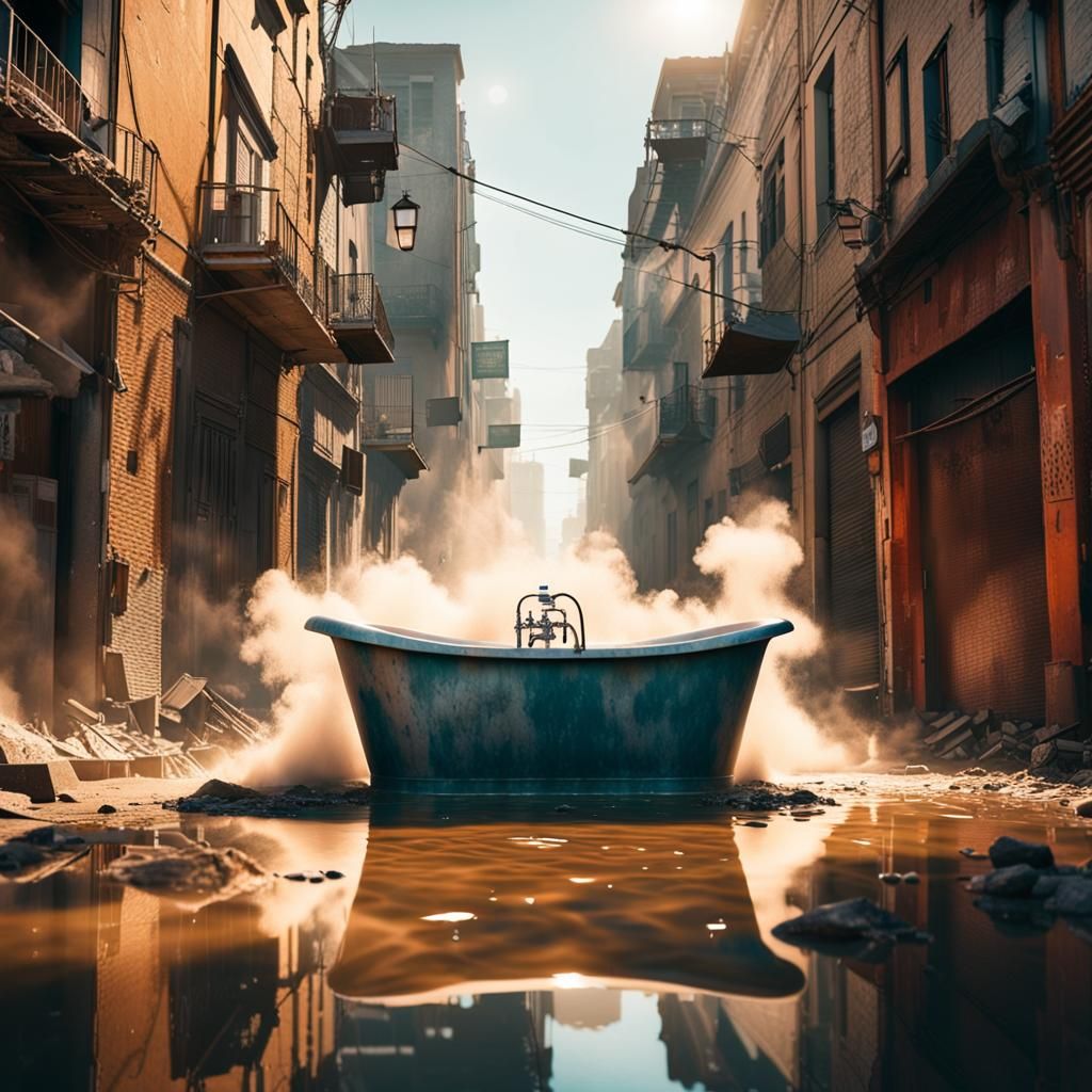 A Water filled Bathtub in the middle of a warzone