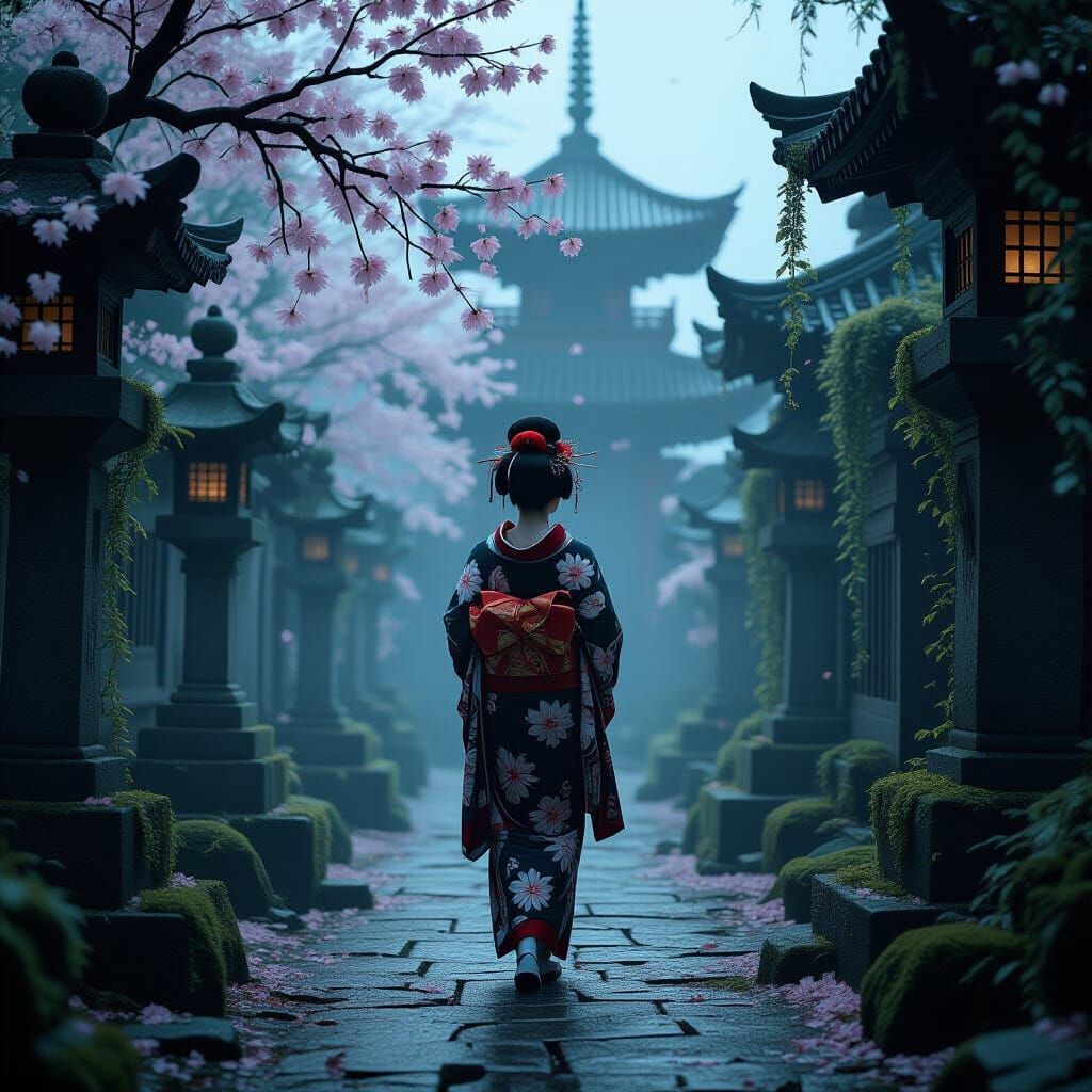 Geisha in Mist-Shrouded Courtyard
