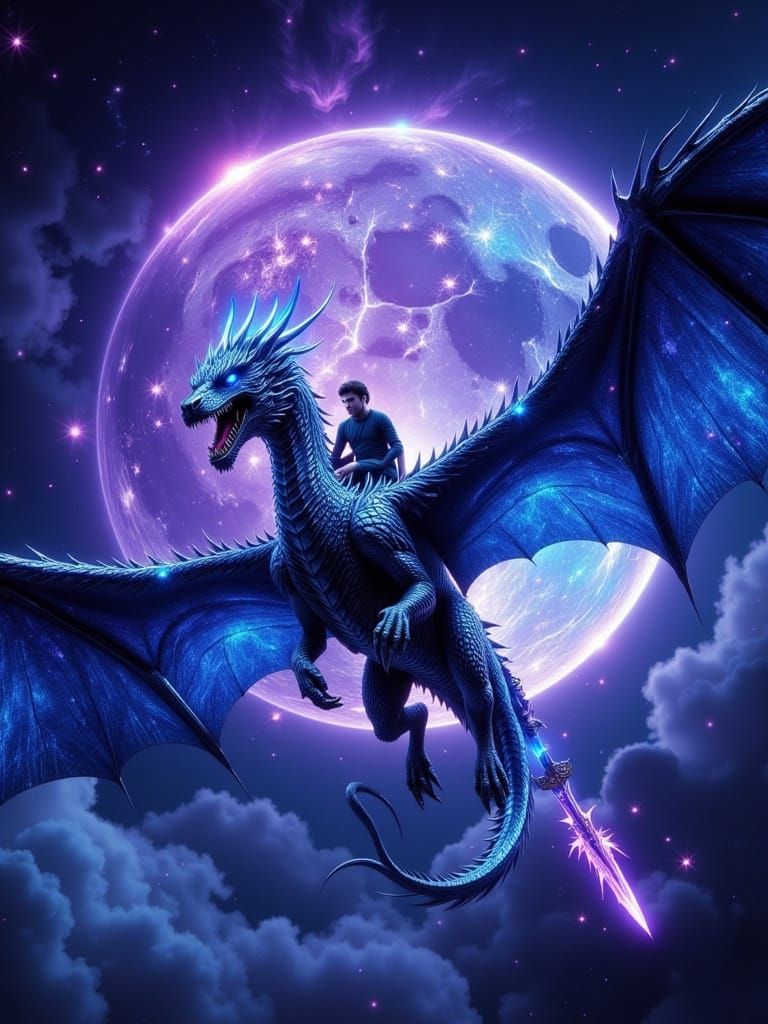 Dragon Rider on Moonlit Flight in Hyperrealism