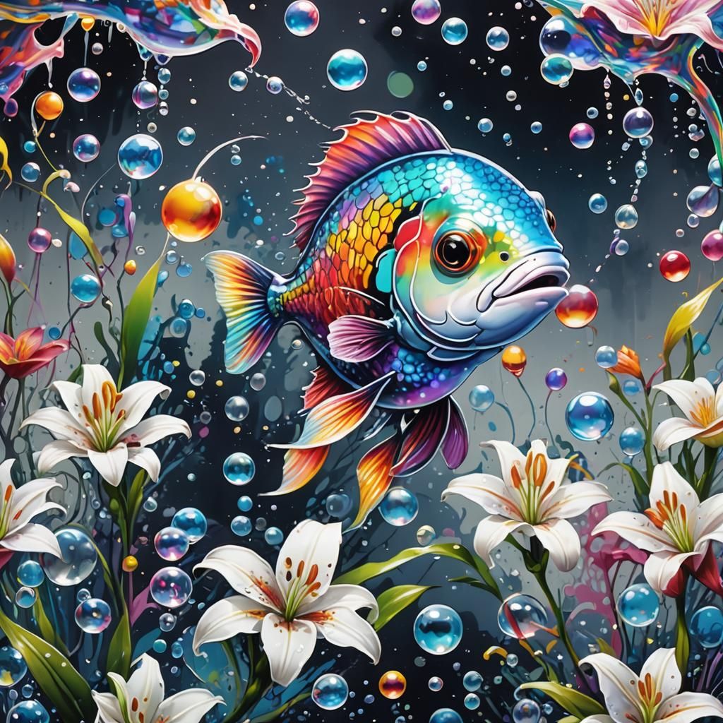 Vibrant Graffiti Scene with Rainbow Fish and Lily