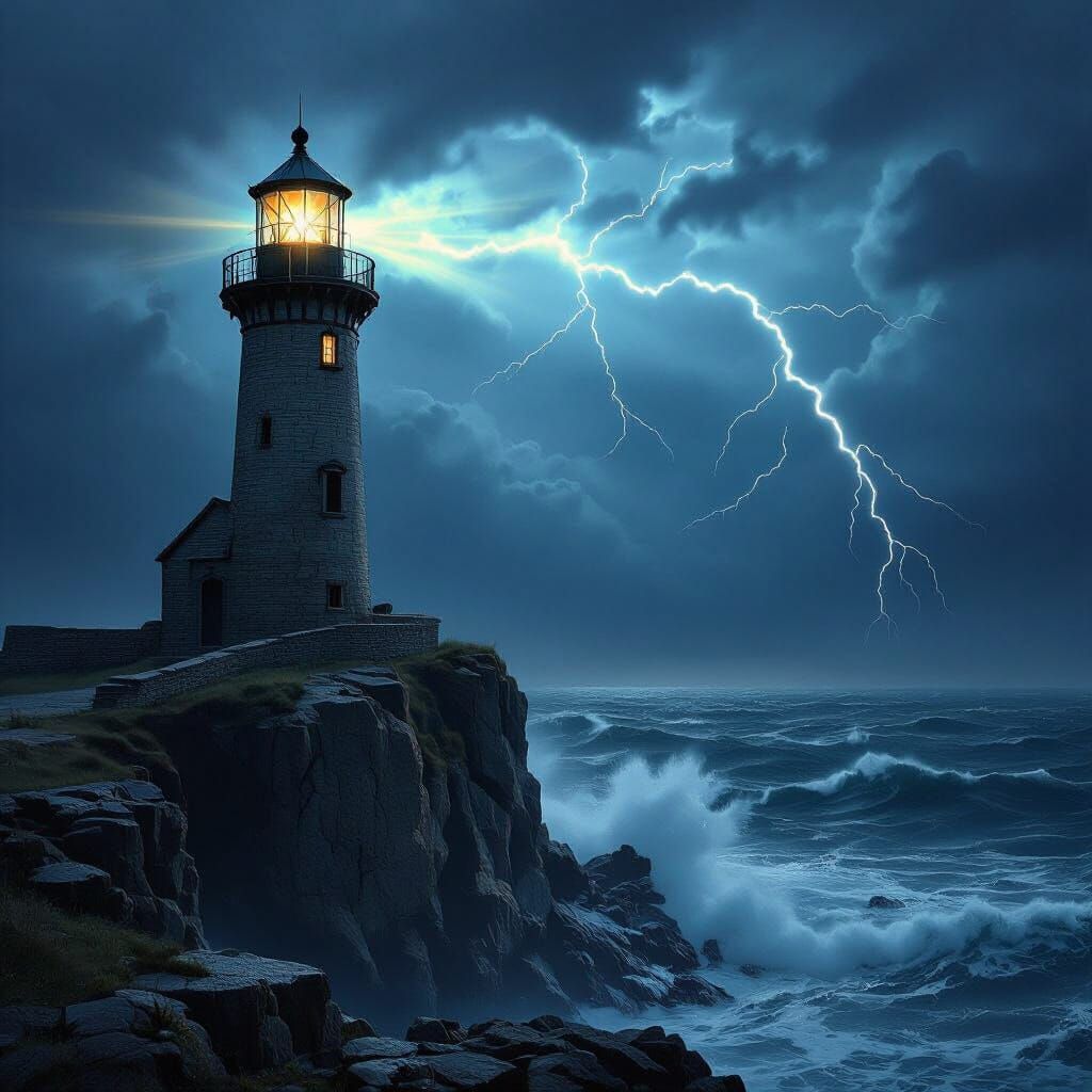 Gothic Lighthouse with Crystal Crown on Stormy Sea