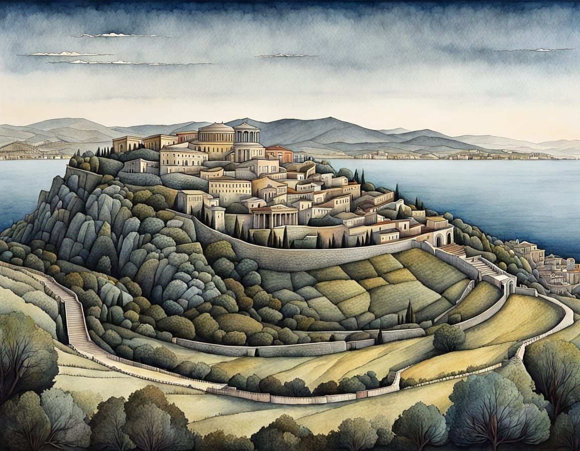 Ancient Greece Panoramic Landscape in Pen and Ink