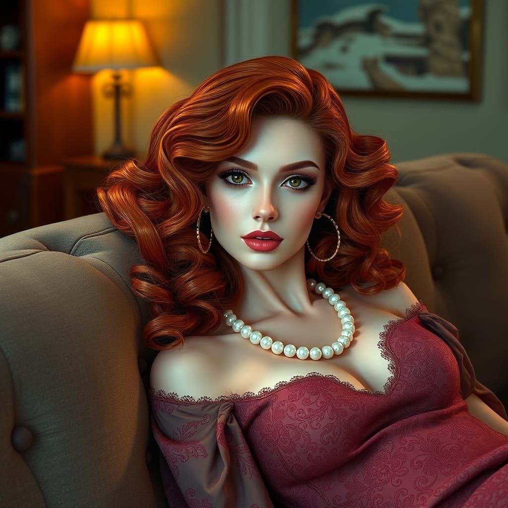 Elegant Redhead in Tintin-Inspired Living Room