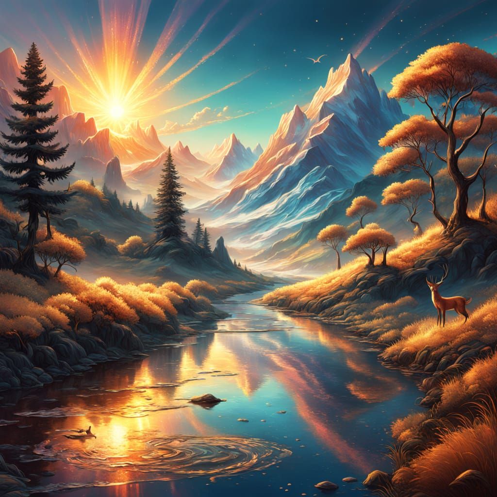 Golden River and Statues in Pre-Raphaelite Style