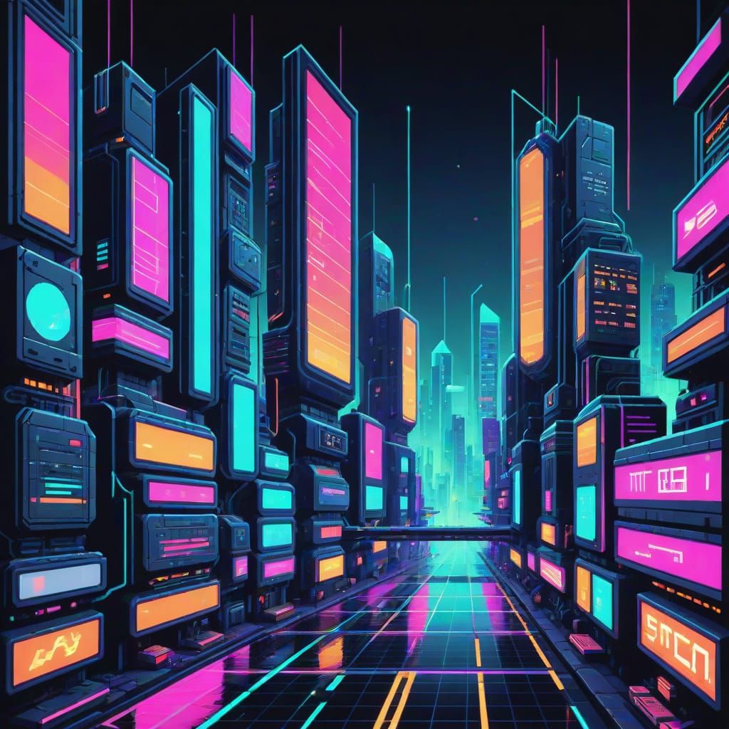 Vibrant Pixel Art Cityscape in Low-Res 8-Bit Style