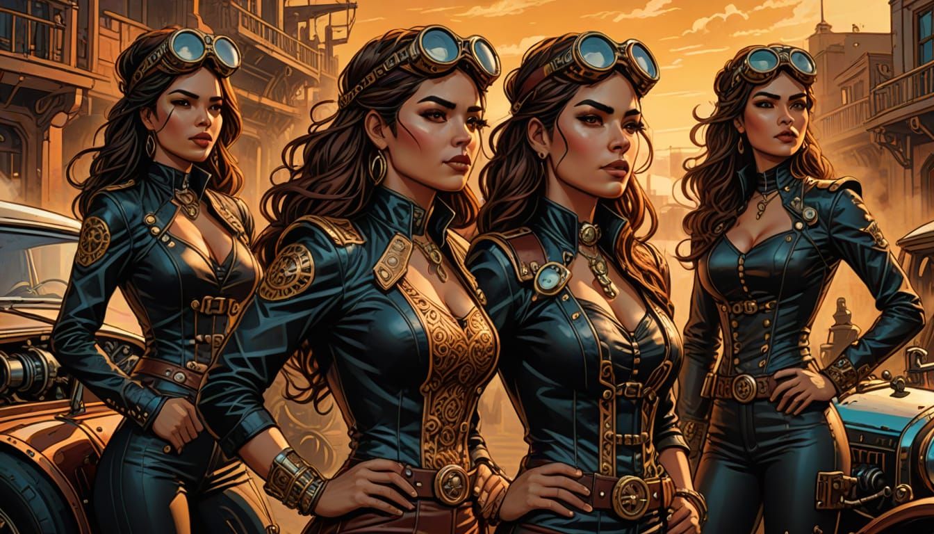 Steampunk Women with Racing Car in Comic Book Art