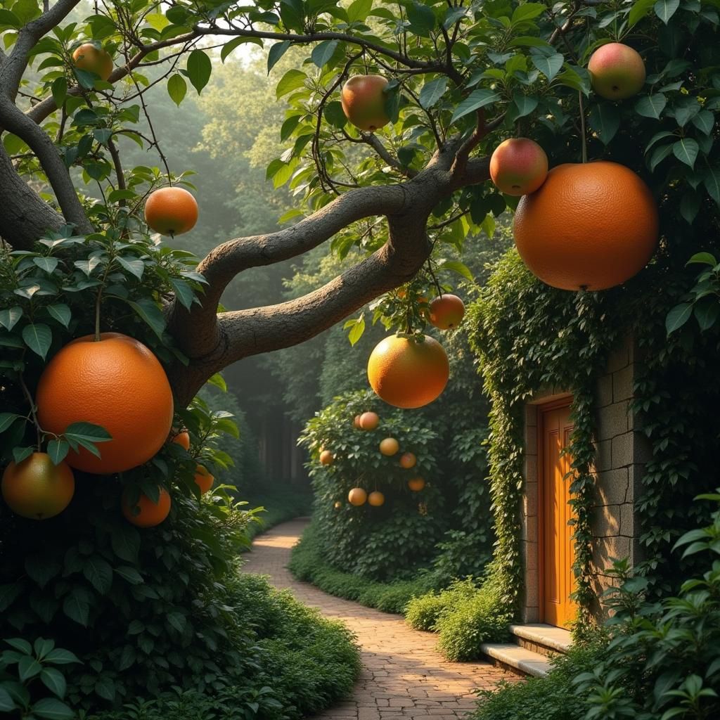 Oversized Colorful Fruit on Lush Branches