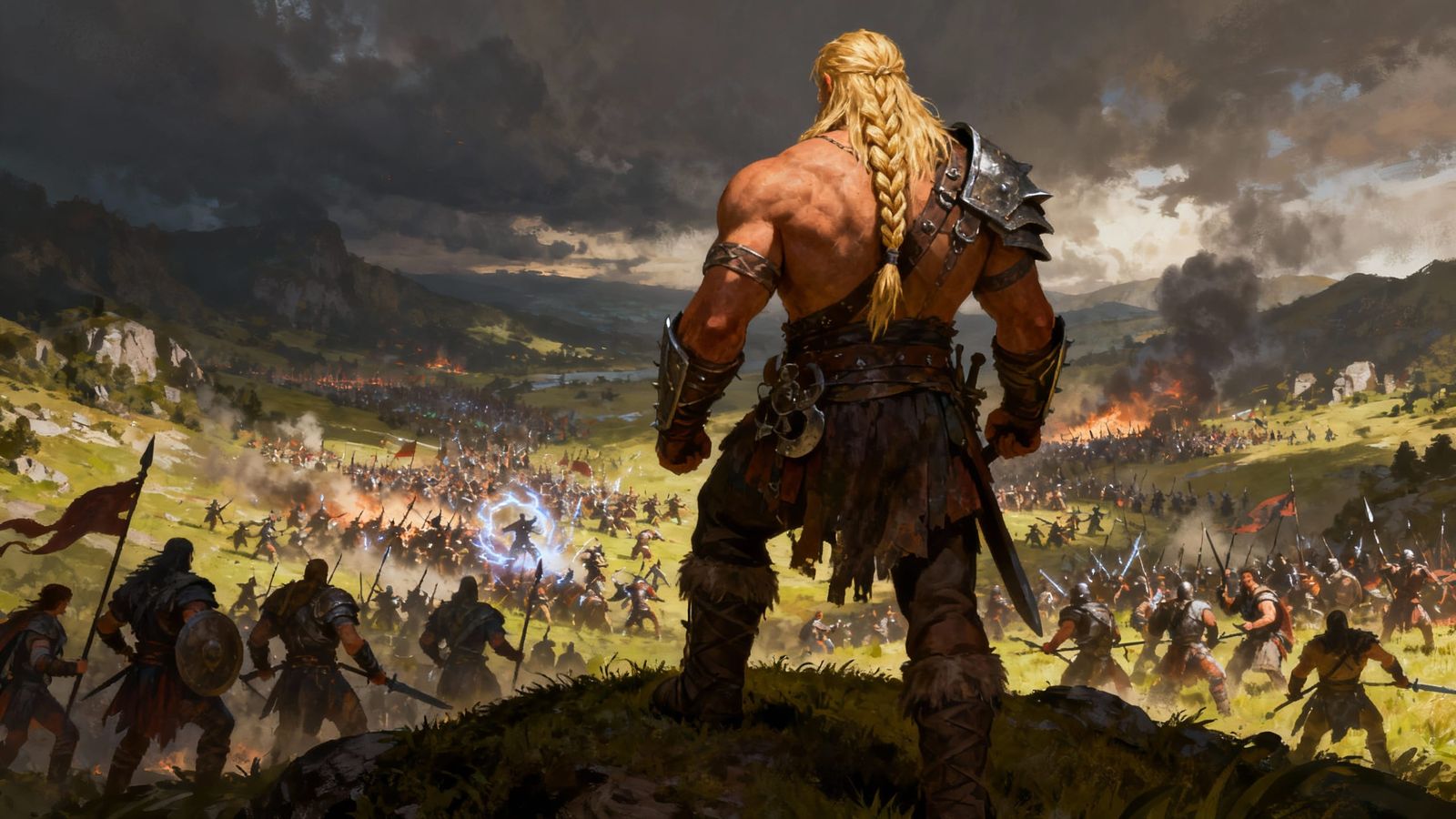 Barbarian Warrior Surveys Epic Battle in Vibrant Fantasy Art