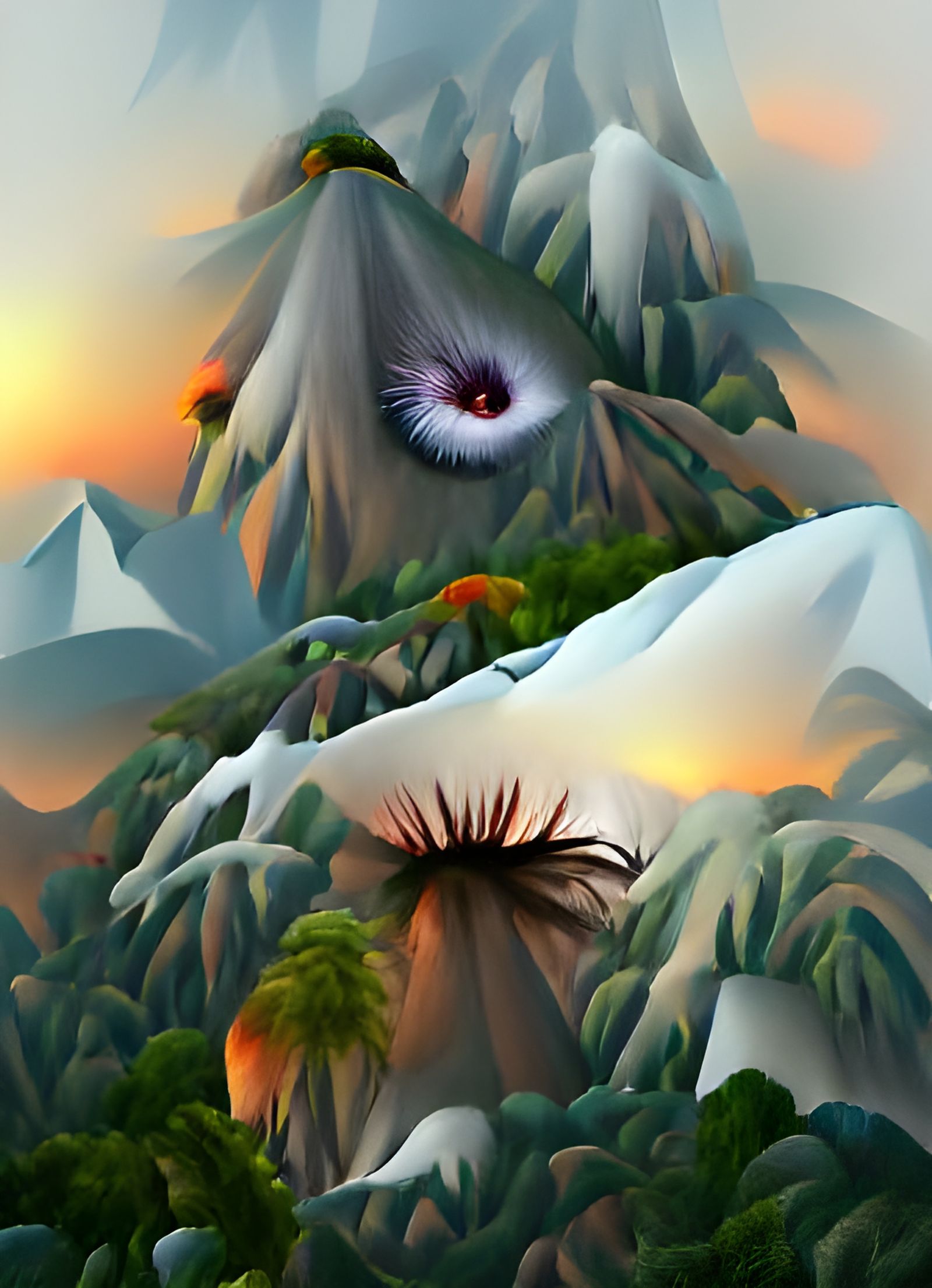 Mystical Sunset Rainforest with Wild Crysanthemums in Digita...