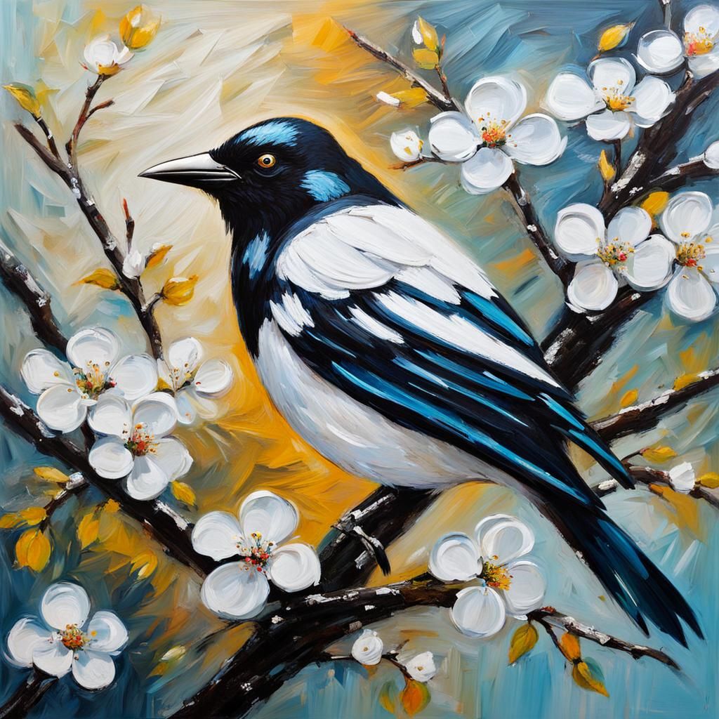 Impasto Oil Painting of Elegant Magpie in Spring Bloom