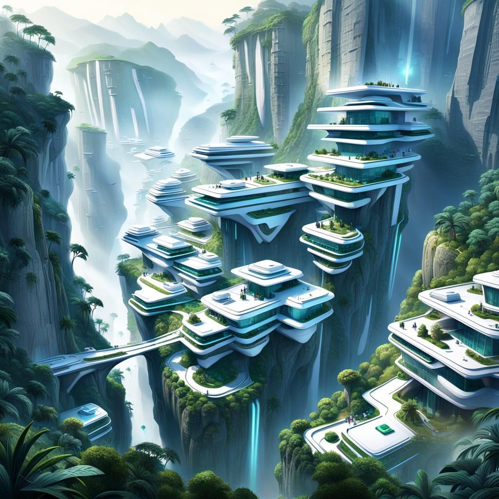 Futuristic Rainforest Village in Cyberpunk Style