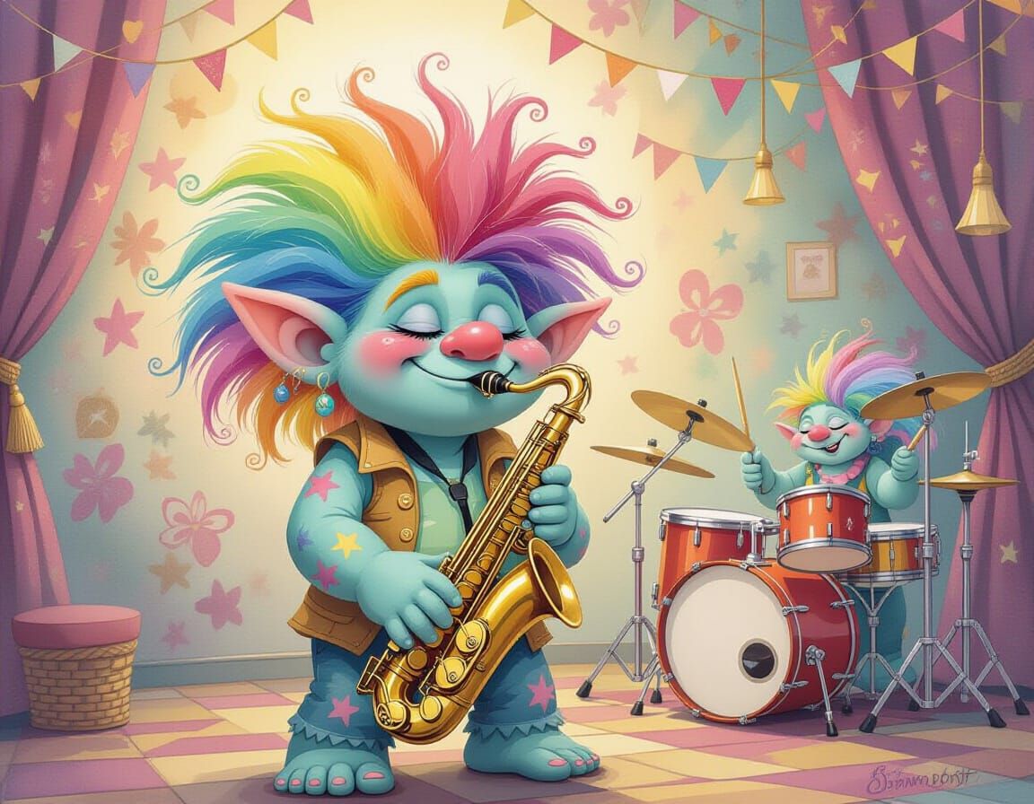 Rainbow Troll Saxophonist in Watercolor Pride Nightclub