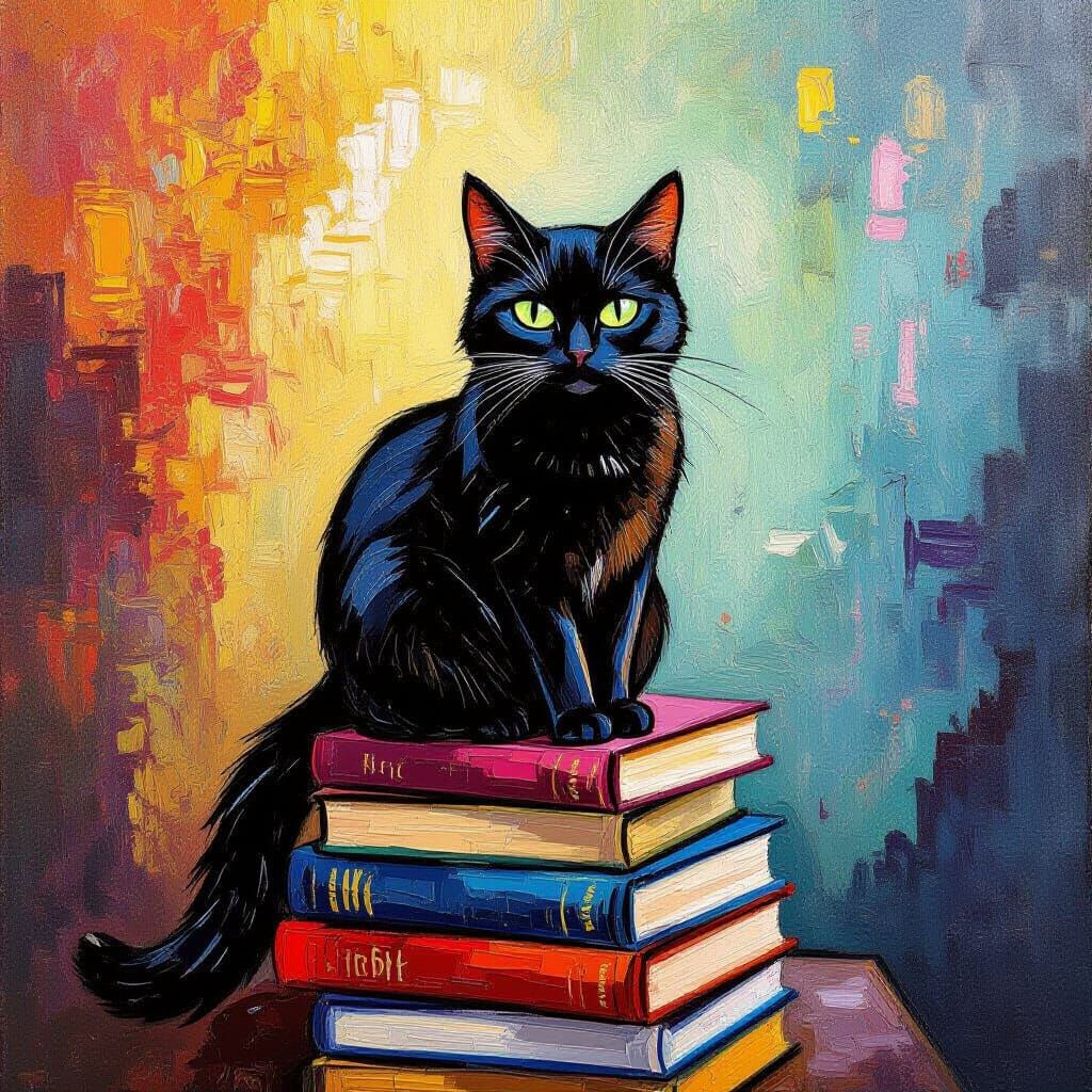 Contemplative Black Cat in Neo-Impressionist Style