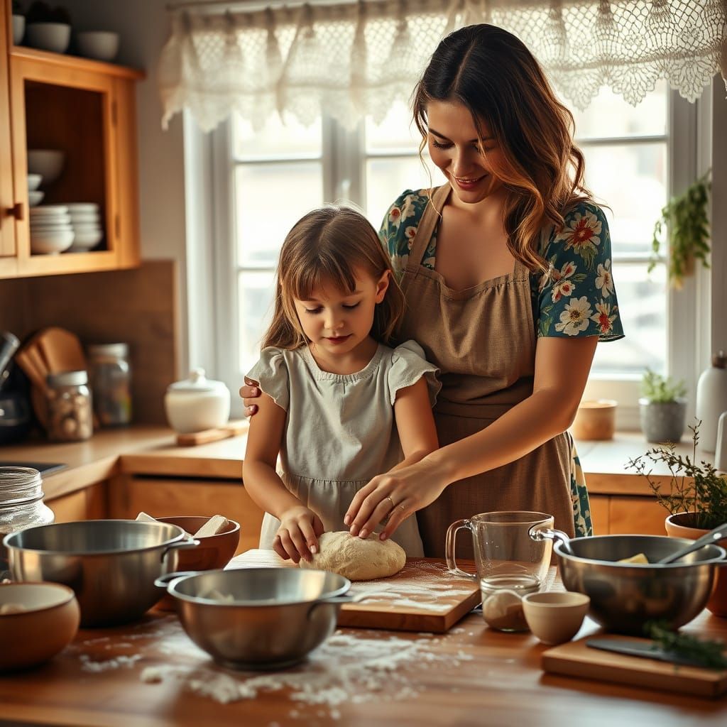 Cozy Kitchen: Mother and Daughter Baking Bread