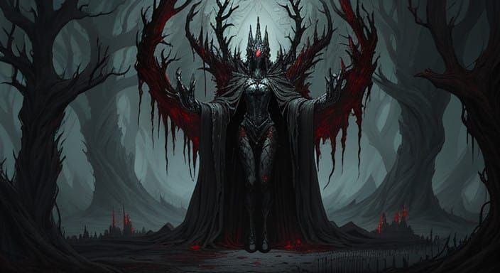 Cyberpunk Wood Demon Emerges from Haunting Forest in Crimson...