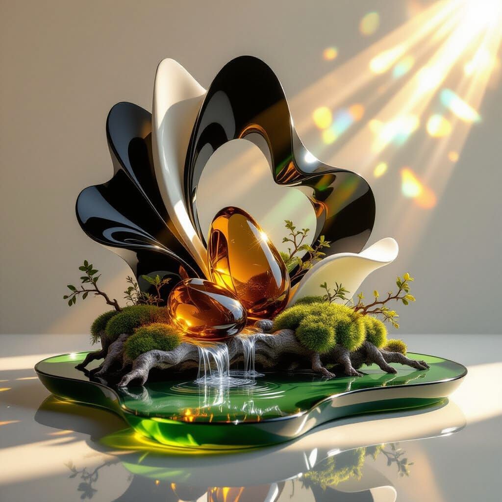 Abstract Emblem with Amber, Moss, and Liquid Plastic