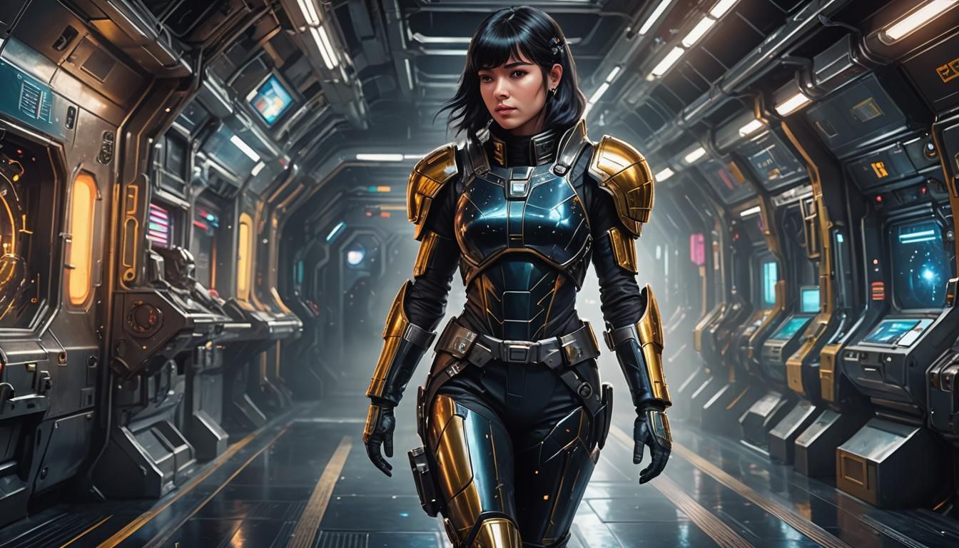 European Woman in Space Armor, Acrylic Art Style