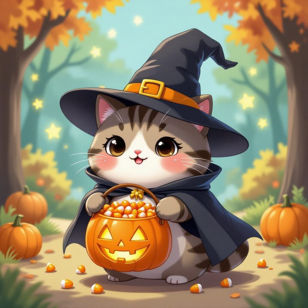 Kawaii Cat Trick-or-Treating in Witch Costume