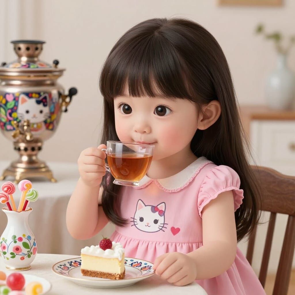 Cute Baby Girl with Dark Hair Drinking Tea