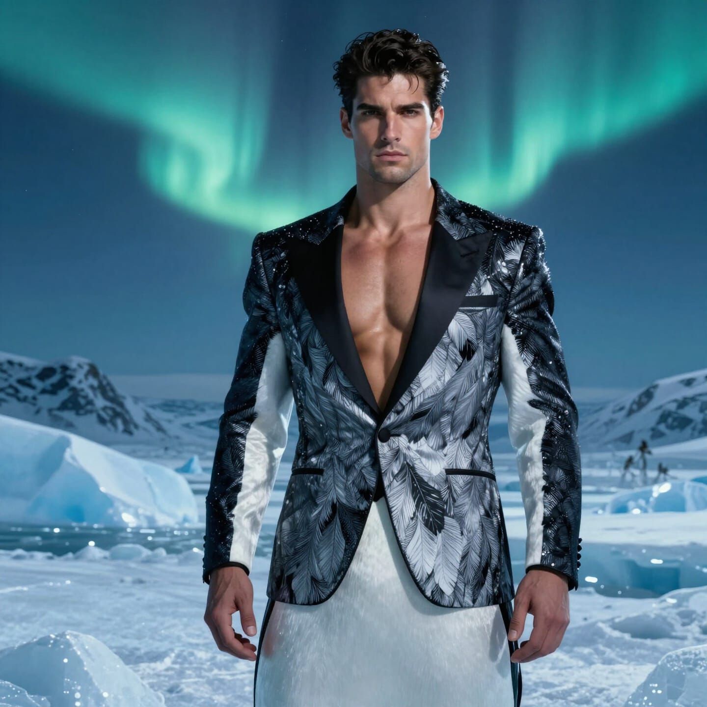 Muscular Man in Emperor Penguin Tuxedo with Aurora