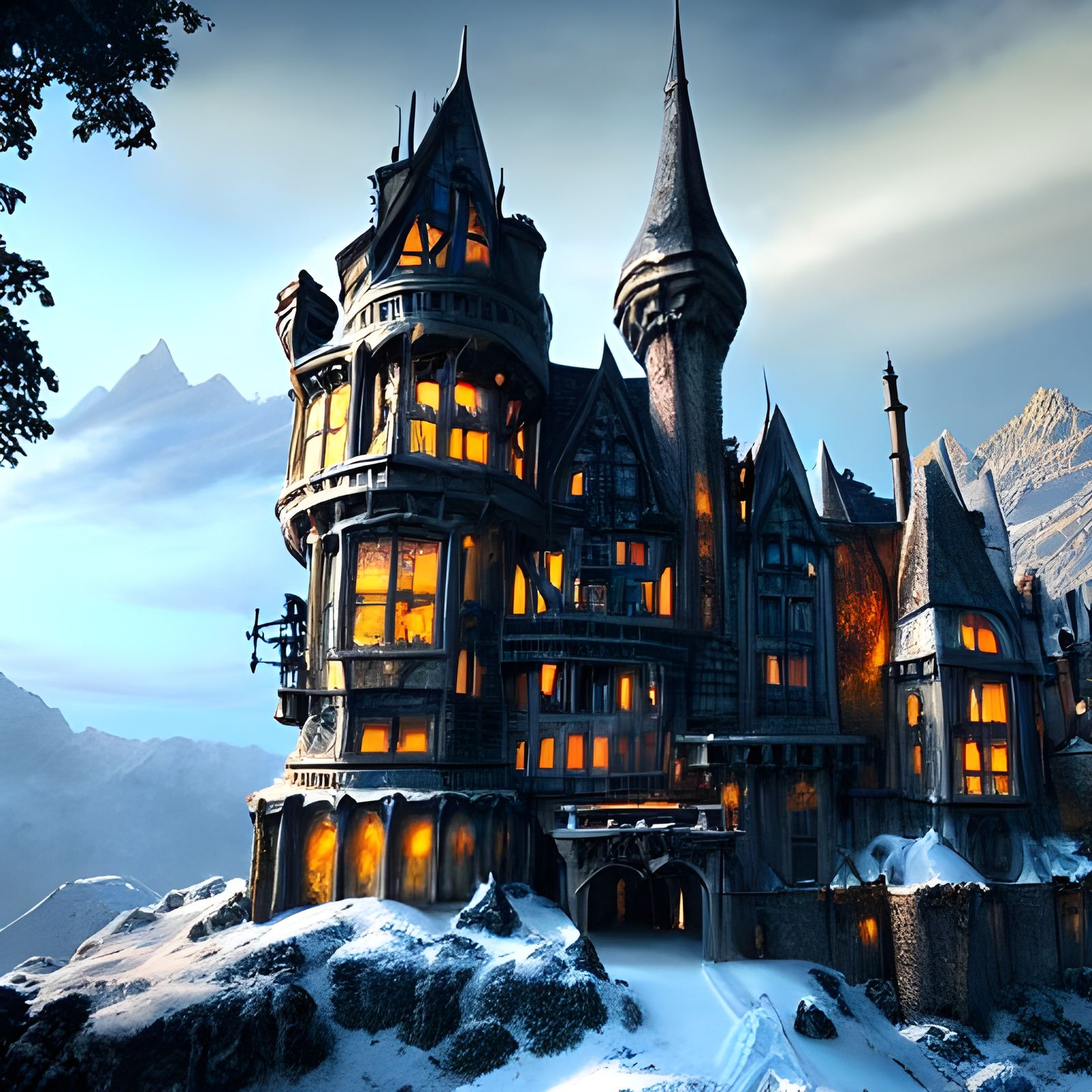 Gothic Fantasy Castle Amidst Snowy Mountains in Steampunk St...