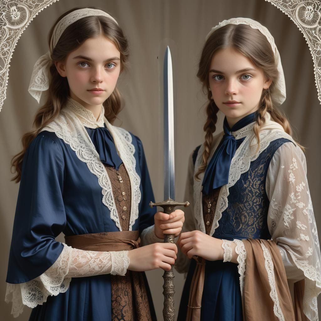 Two girls carrying a short spear