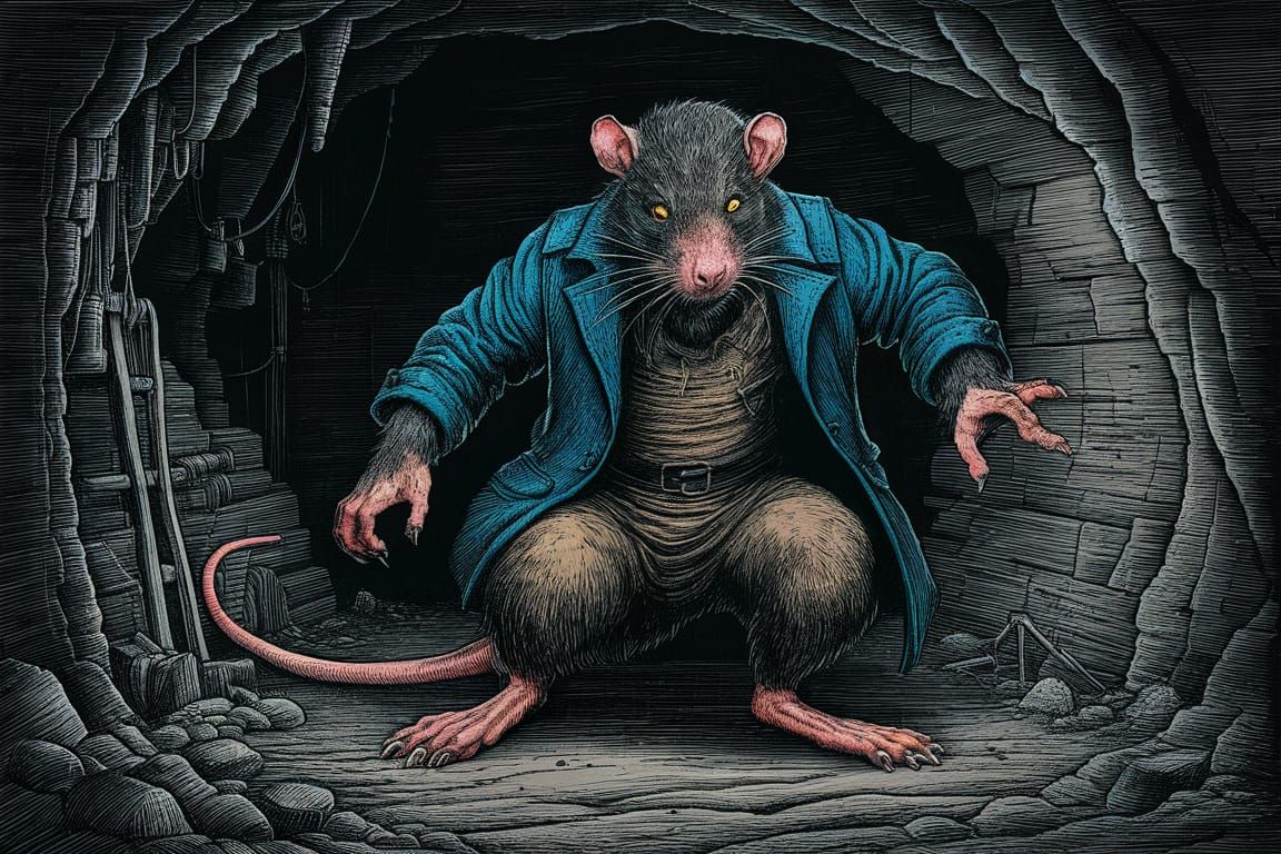 Sinister Cave Rat Thief in Woodcut Style
