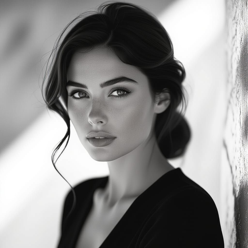 Black and White Portrait of a Thoughtful Woman in Noir Style