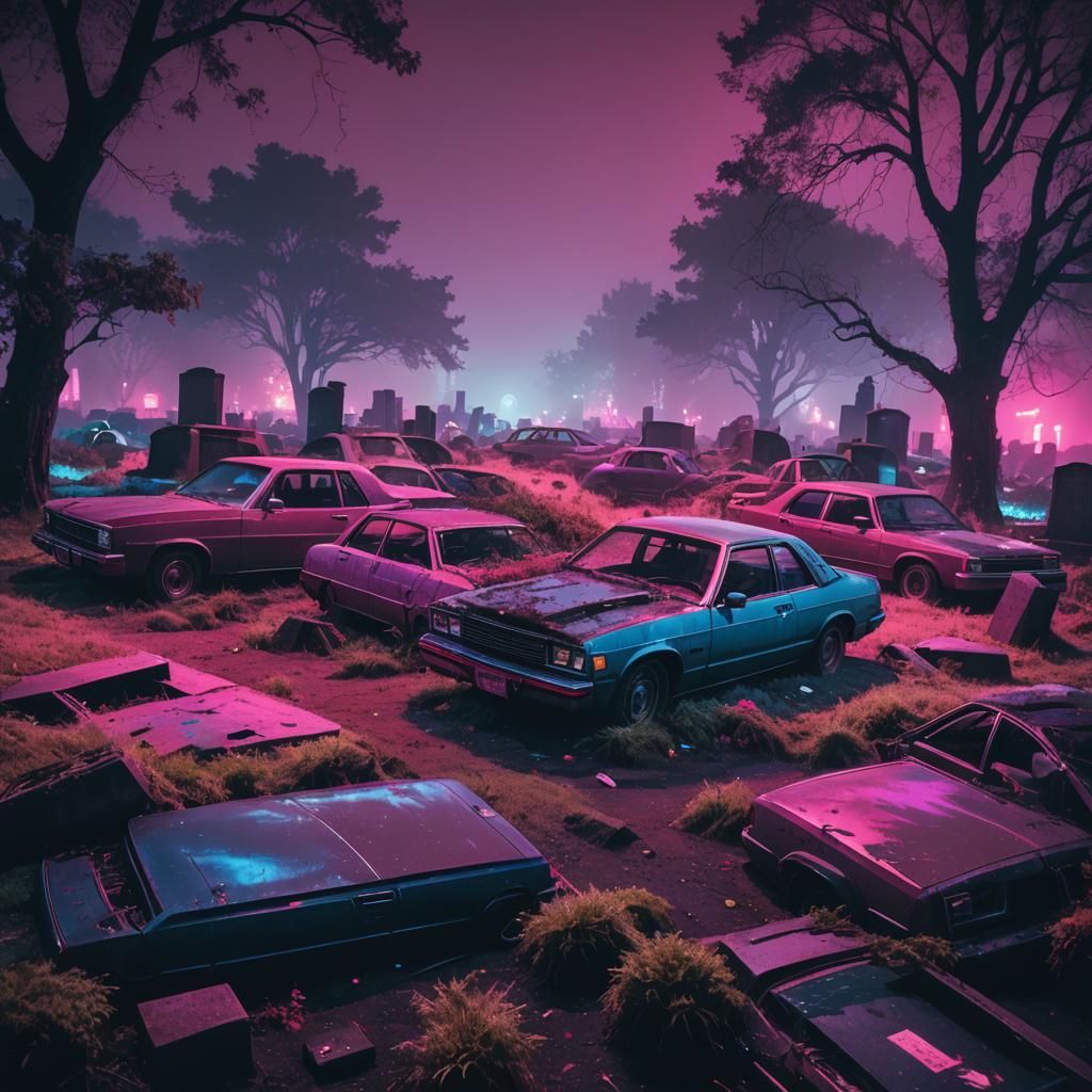 Retro-Futuristic Abandoned Graveyard in Neon Dazzle