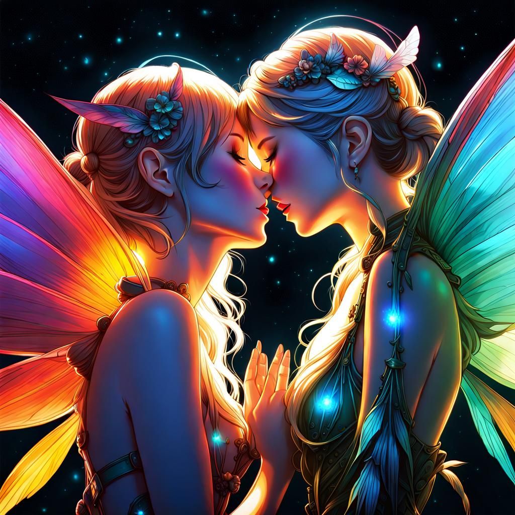 Enchanted Celestial Lesbians Kiss Under Rainbow Glow