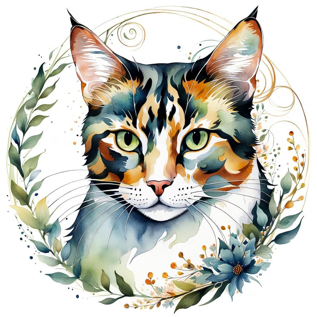 Whimsical Tricolor Calico Cat Among Blooming Floral Wreath