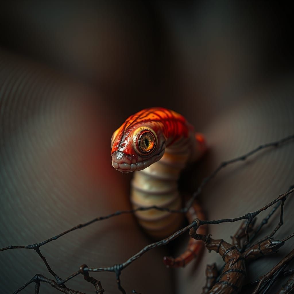 Grotesque Worm Emerges from Woman's Navel in Dark Fantasy