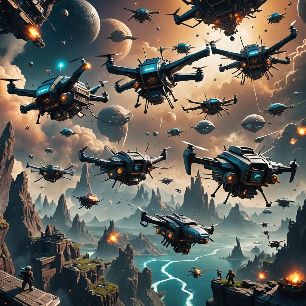 Space Vikings on Floating City in Sci-Fi Poster Style