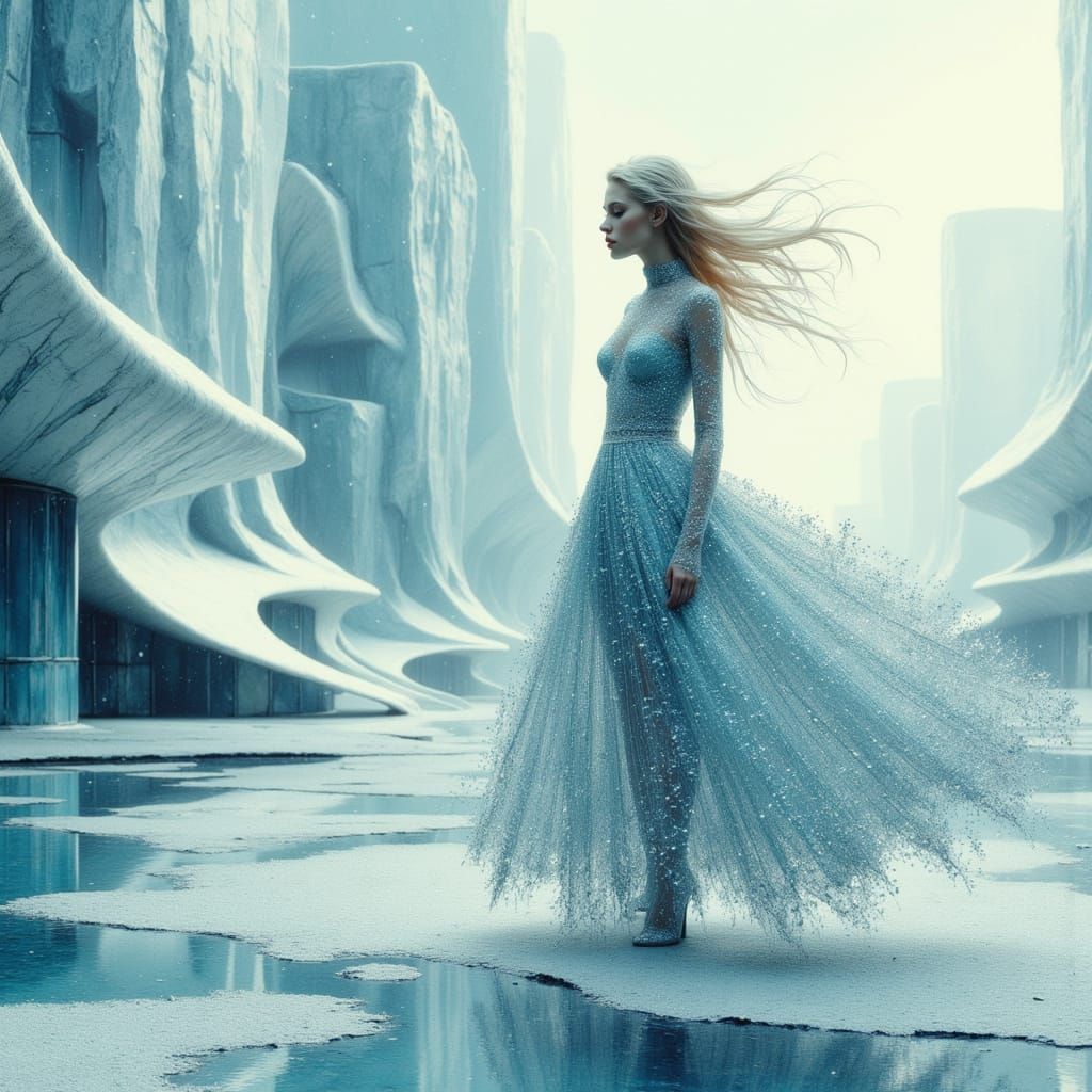 Ethereal Ice Princess Beside Futuristic Architecture