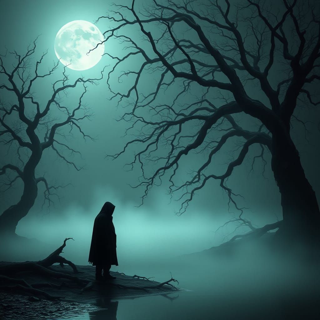 Shrouded Figure Emerges from Misty Lake in Dark Surrealist S...