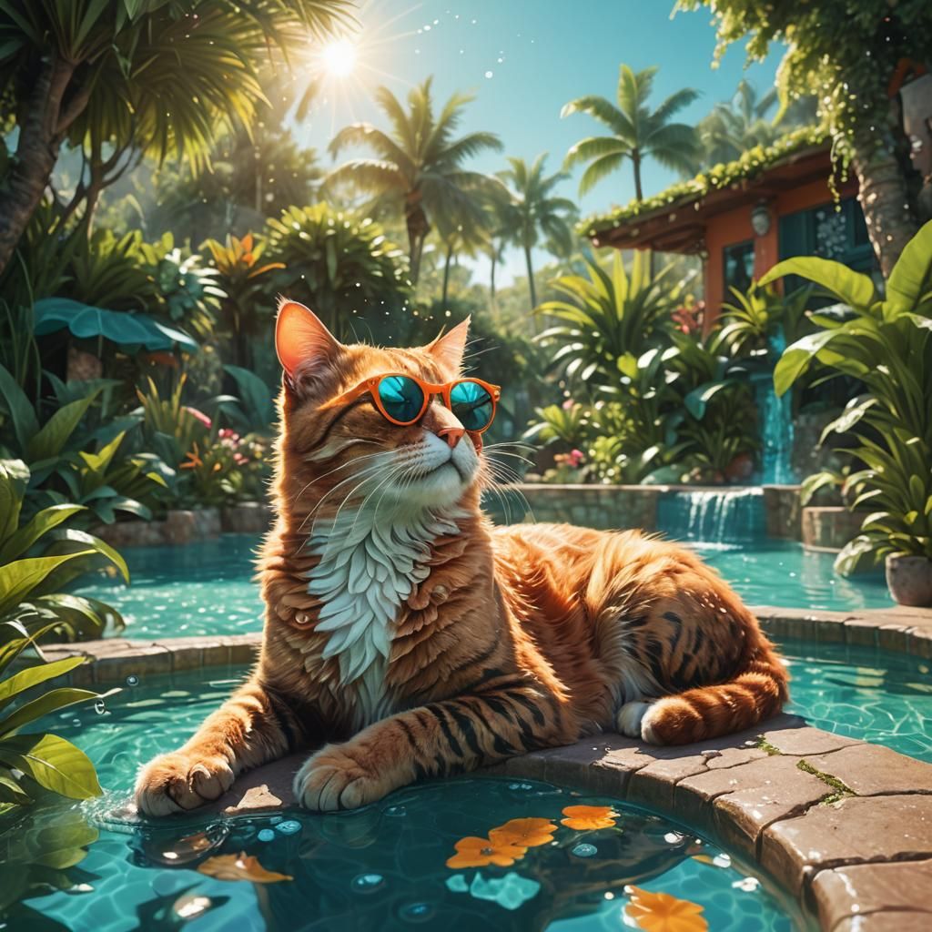 Fantasy Cat Enjoys Turquoise Poolside Luxury