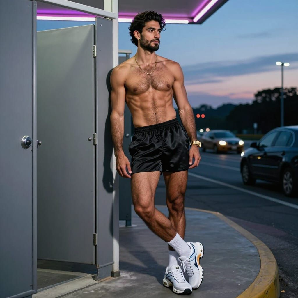 Confident Gypsy Man by Highway Restroom